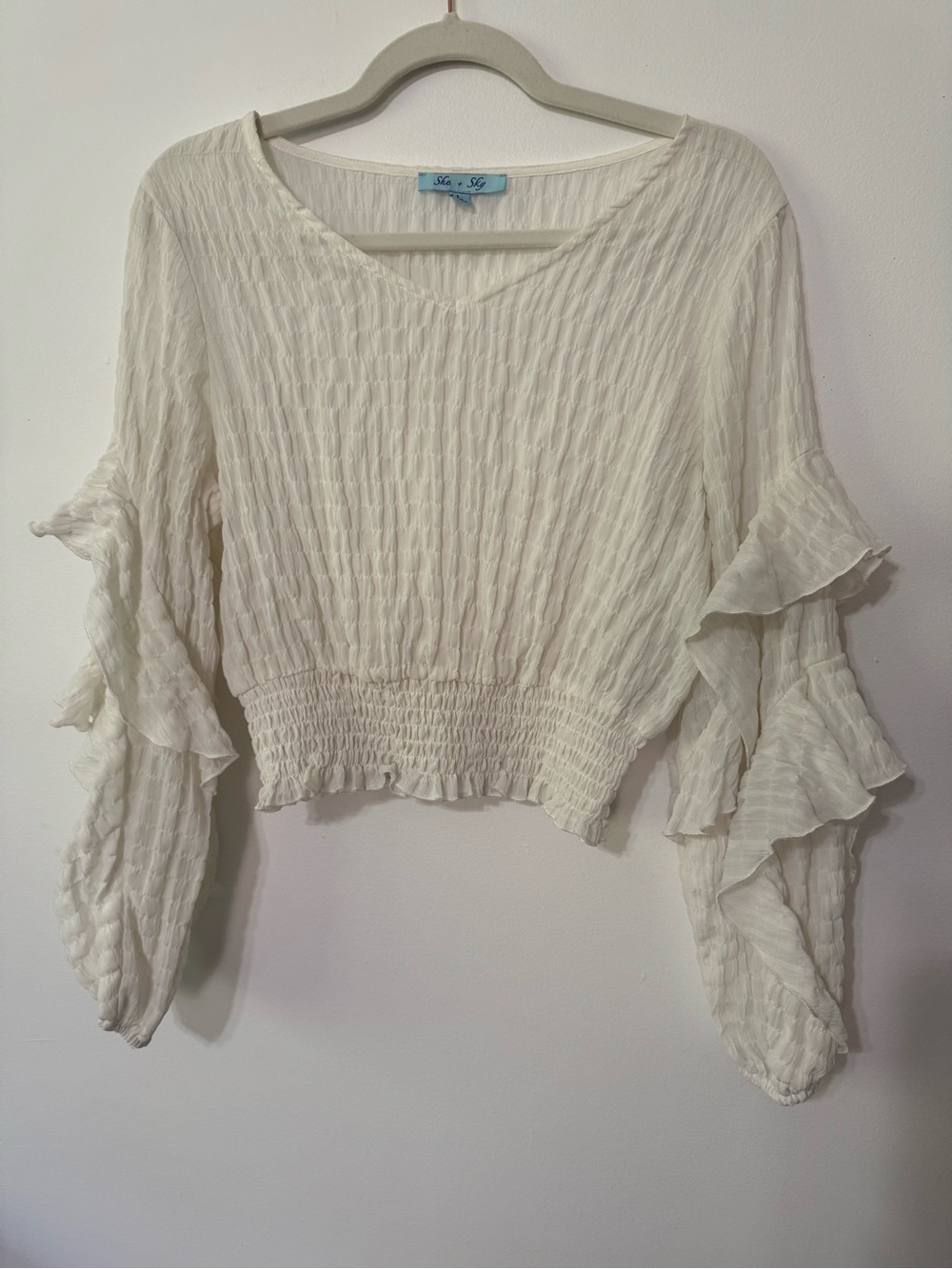 She + Sky Cream Ruffle Sleeve Smocked Waist Blouse